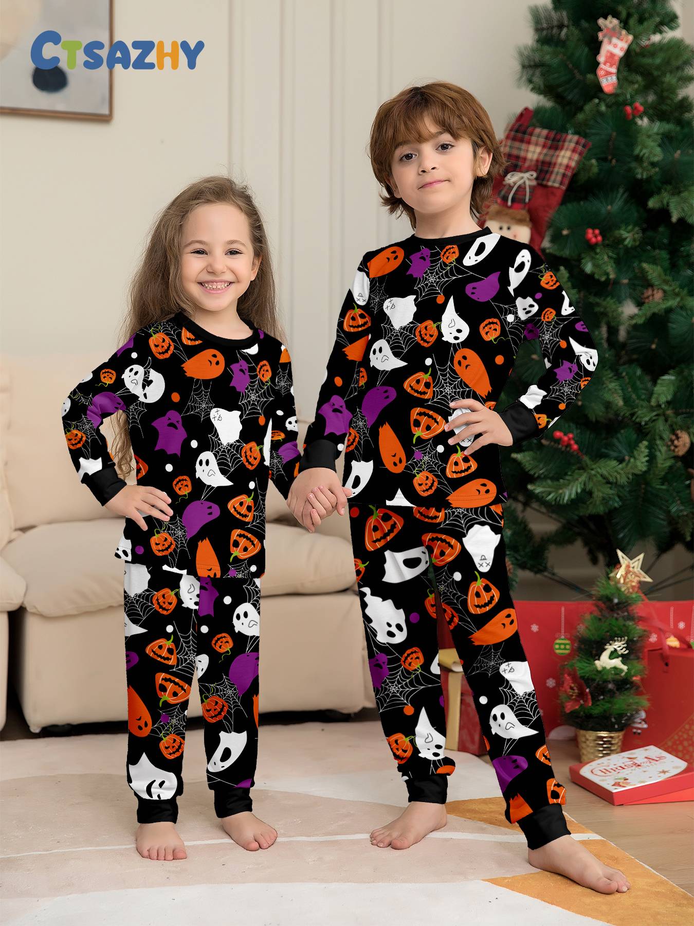 Kids Halloween Pajamas Set - All - Over Colorful Pumpkin & Ghost Print Sleepwear