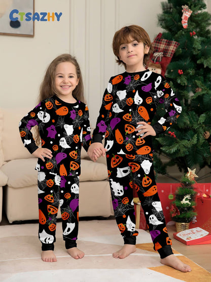 Kids Halloween Pajamas Set - All - Over Colorful Pumpkin & Ghost Print Sleepwear