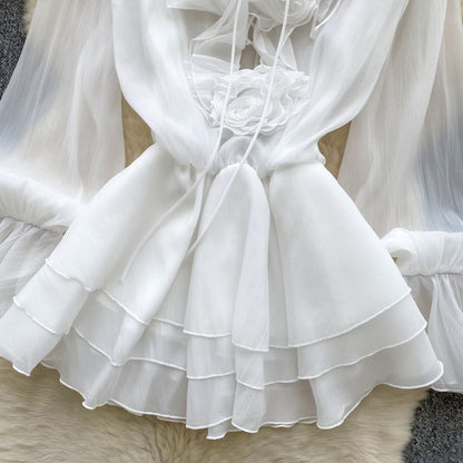 SINGREINY 3D Floral Beach Short Dress Female Long Sleeves Lace Up Ruffle Chiffon