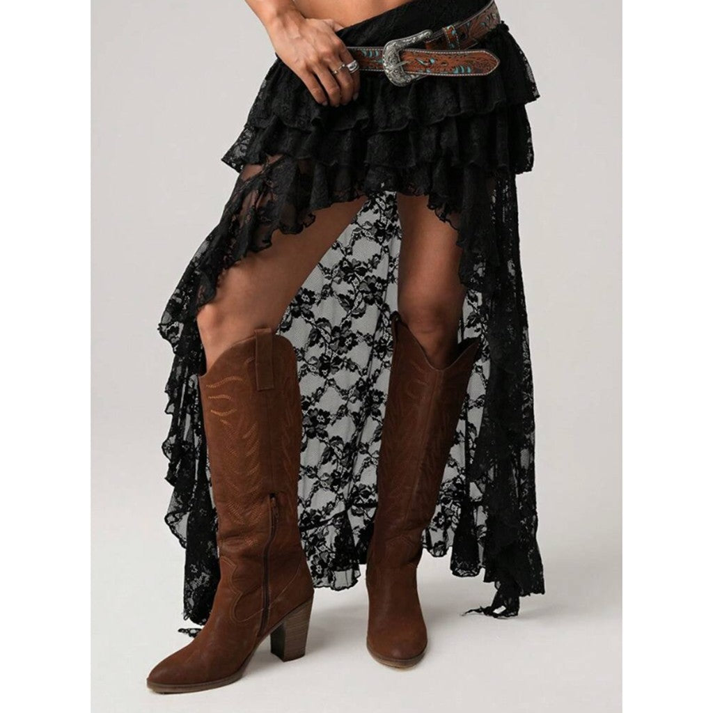 Bohemian Lace Embroidery Women's Soild Color Skirts Asymmetrical Tierred Premium See Through Long Skirts