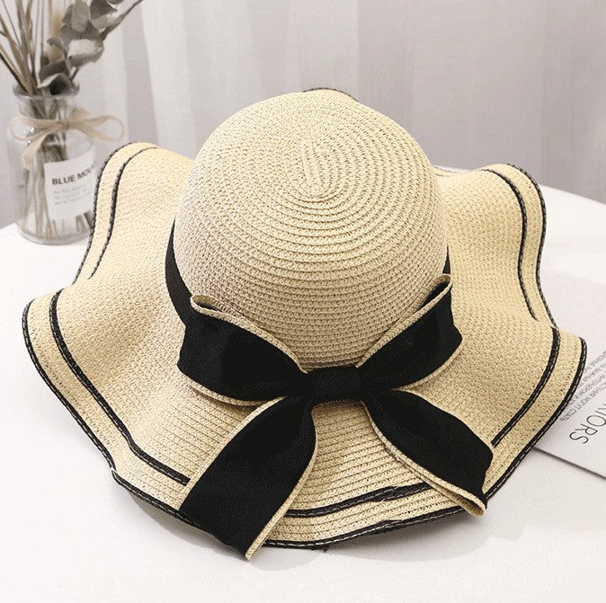 Beach HatJapanese Everything Hairy Edge Straw Hat Female Summer dome  Top Outing Sun Hat Small Fresh Bow Sun Shade Beach Hat