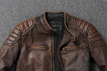 Vintage Heavyweight Cowhide Jacket, Distressed Genuine Leather Coat for Men with Stand Collar, Biker Motorcycle Leather Jacket