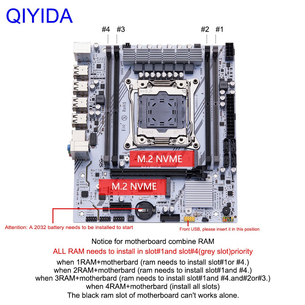 QIYIDA X99 Placa-Mãe Kit Xeon LGA2011-3 E5 2650 V4 2pcs*8gb=16GB DDR4 RAM USB PCI 3.0 NVME M.2 SATA M-ATX
