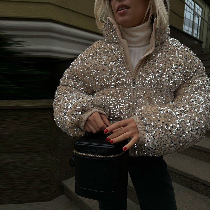 Sparkly Women's Sequin Puffer Jacket Oversize Cropped Stand Collar Zip-Up Party Coat Fashion High Street Female Winter Outerwear