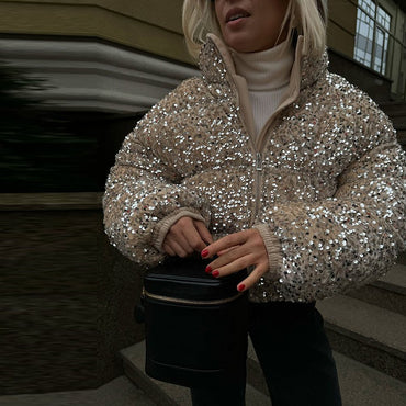 Sparkly Women's Sequin Puffer Jacket Oversize Cropped Stand Collar Zip-Up Party Coat Fashion High Street Female Winter Outerwear