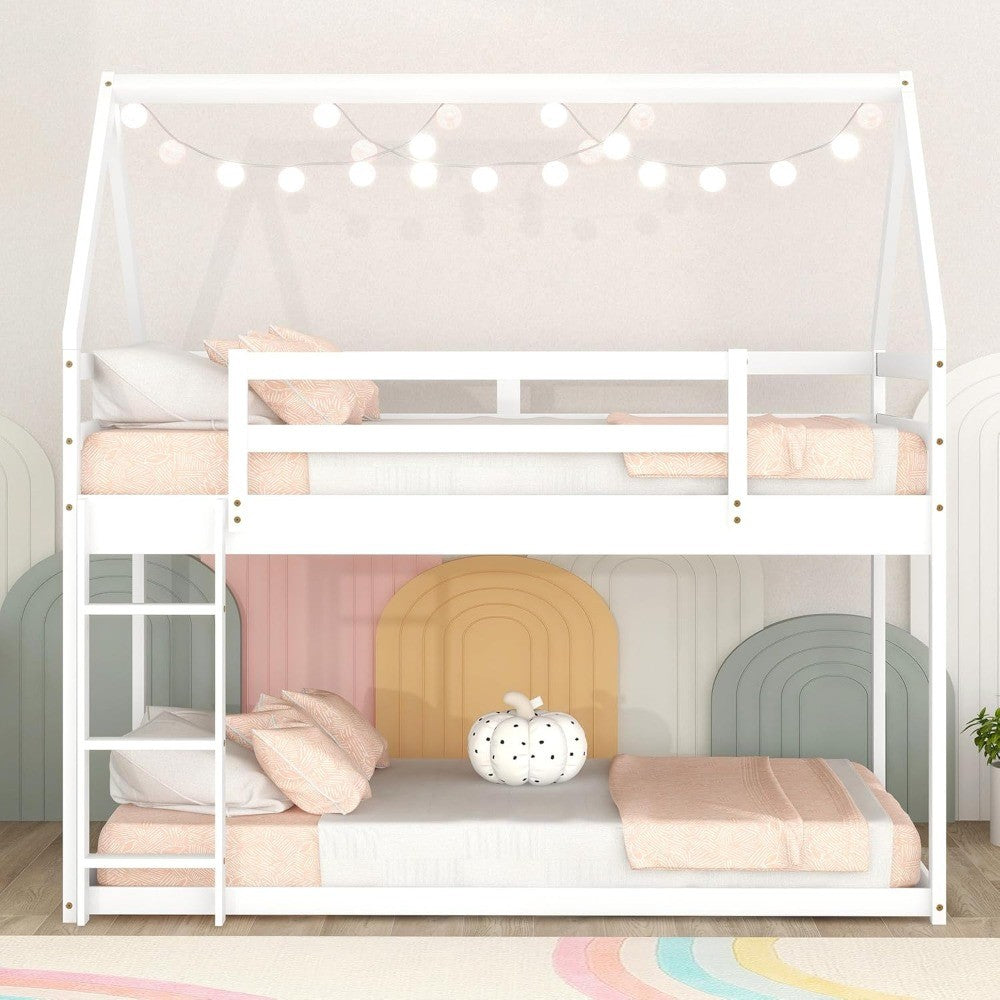 Bellemave Twin Over Twin House Bunk Bed for Kids,Floor Low Bunk Beds with Ladder and Guardrails,Solid Wood Twin Size Bunk Bed fo
