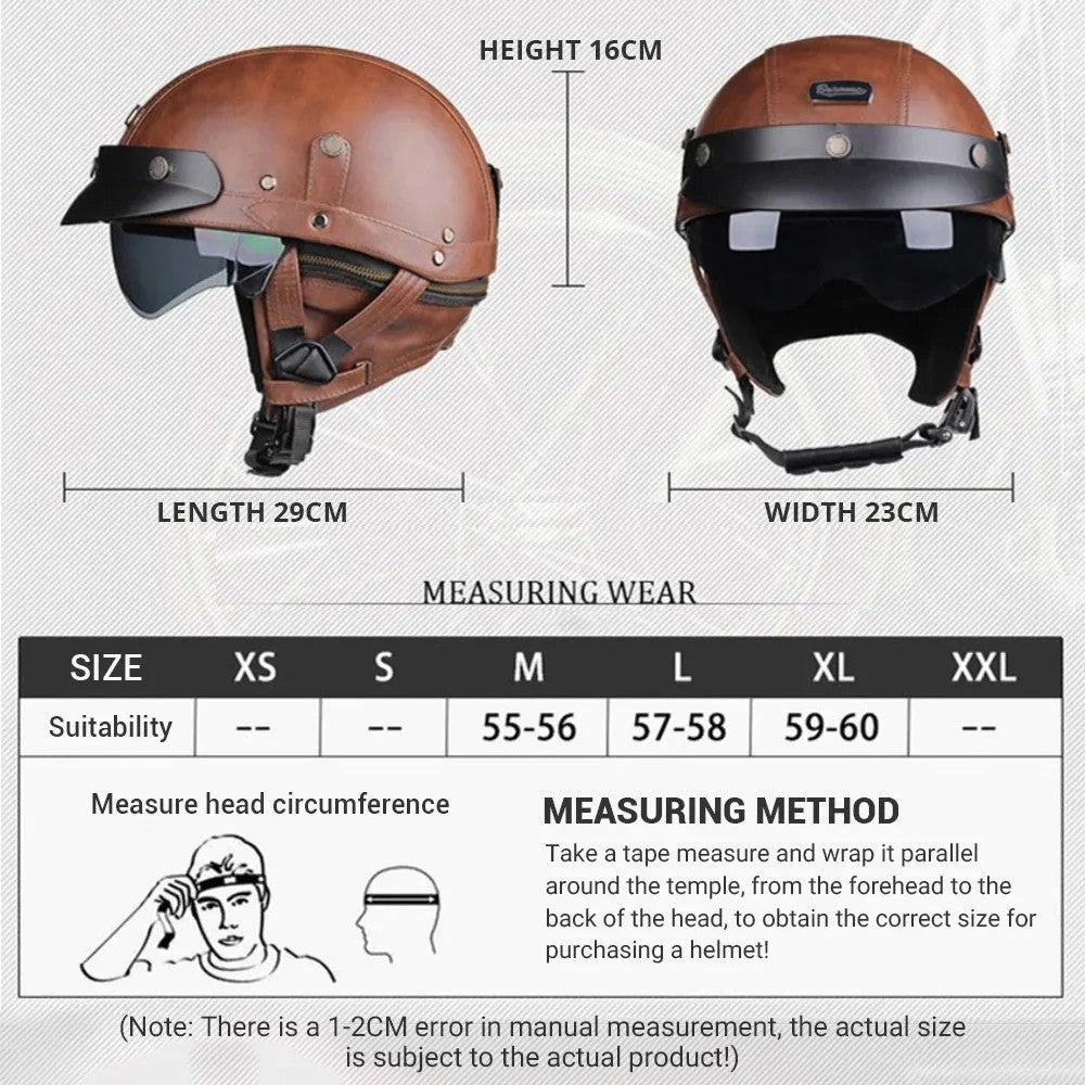 Retro Motorcycle Helmet PU Leather Moto Helmets Men Women Half Helmet HD Lens Casco Four Seasons Riding Scooter Capacetes