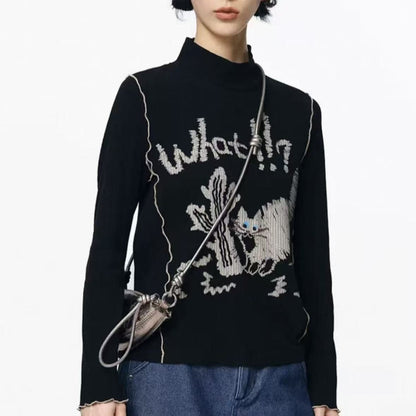 Winter Print T-Shirt Women 2025 - High Neck Cropped Long Sleeve Top, Stretchy Layering Basic Tee, Y2K Bodycon Casual Blouse, Ela