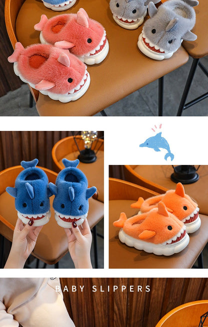 Winter Heel Wrap Cotton Children's Slippers Cute Cartoon Shark Non-slip Soft Sole Kids Boys Girls Junior Warm Plush Home Shoes