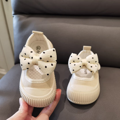 Girls Fashion Shoes Canvas Sneaker Kids Polka Dot Bow Princess Flats Breathable Baby Shoes Student Soft Sole Casual Spring Shoes