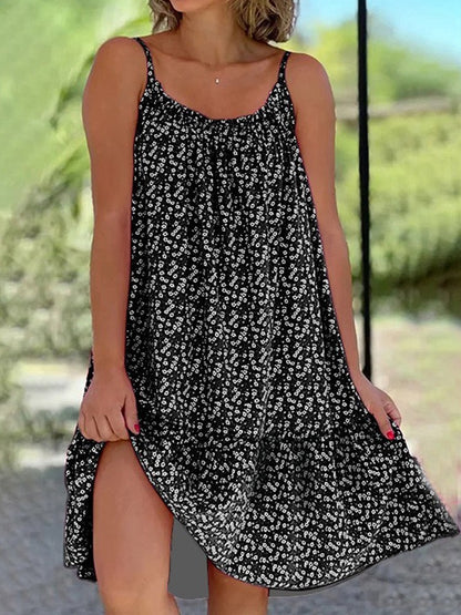 2025 Summer New Cross border Amazon European and American Leisure Style Printed Sleeveless Large Swing Strap Dress