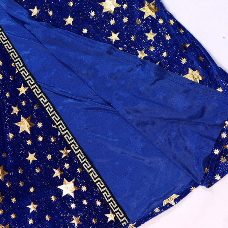 Halloween Wizard Costume Velvet Long Robe Blue Gold Star Print Cloak With Pointed Hat Adult Cosplay Fancy Party Dress Up Outfit