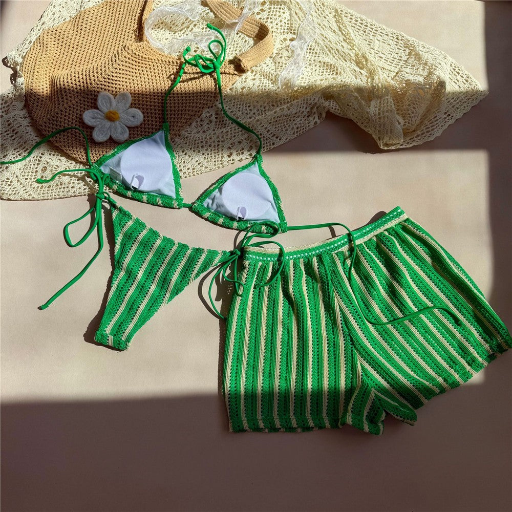 Orange Striped Swimwear Halter String Triangle Bikinis Sets 3 Pieces Bottoms Shorts Mini Micro Thong Sexy Swimsuit Woman 2025
