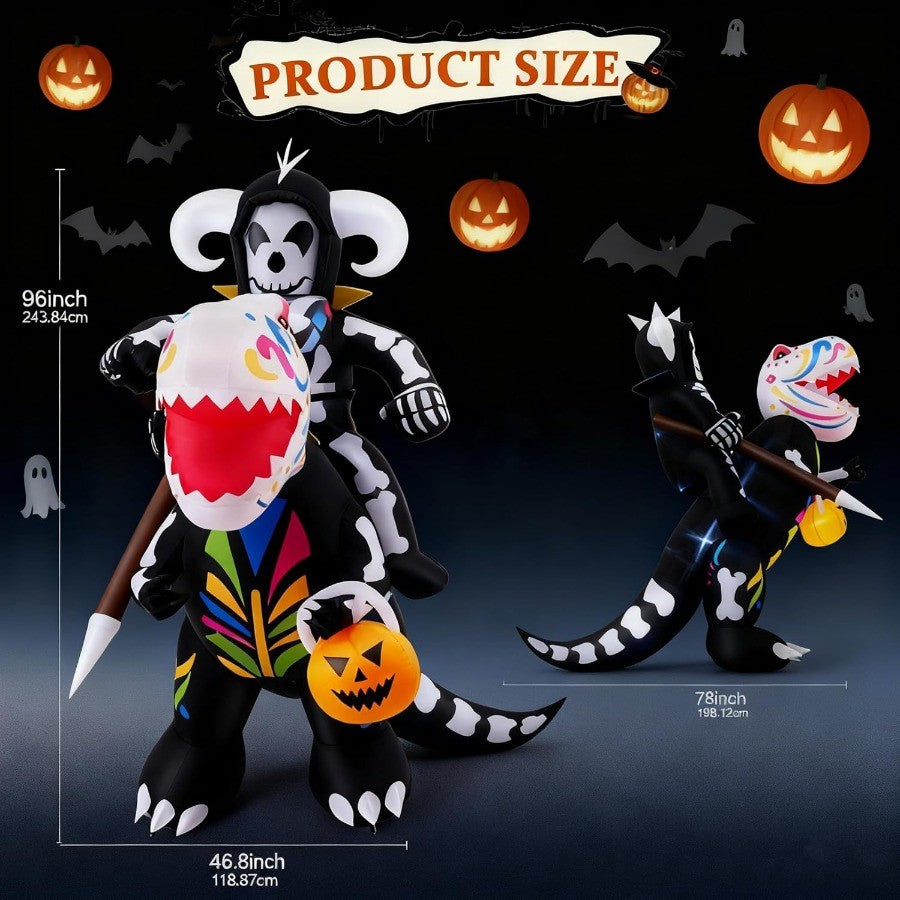 8FT Halloween Inflatable Blow Up Decorations Skeleton Knight Riding Dinosaur with Builtin LEDs for Holiday Party Garden Lawn Ya
