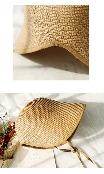 Chapéus de Sol de Festa Femininos FS Fashion Straw Regency Bonnets Hats para Mulheres Chapéu de Praia com Laço e Aba Grande Chapéu Cloche Fedora Chapeau Femme