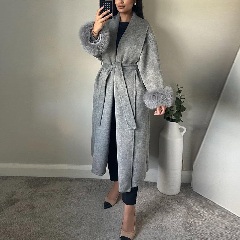 Elegant Faux Fur Cuffs Woolen Coat With Belt For Women Fashion Lapel Long Sleeve Lace Up Maxi Jacket Lady 2025 Autumn Outerwear