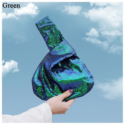 Ladies Trendy Fashion Reversible Sequin Evening Clutch Purse Women Girls Small Glitter Wrist Knot Bag