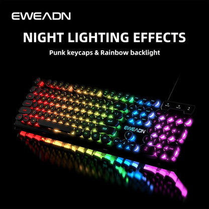 Teclado Gamer EWEADN GX330 Typewriter, 104 Teclas Retro Punk com Teclas Redondas com Fio, com Luz de Fundo RGB, para PC Laptop Windows preto
