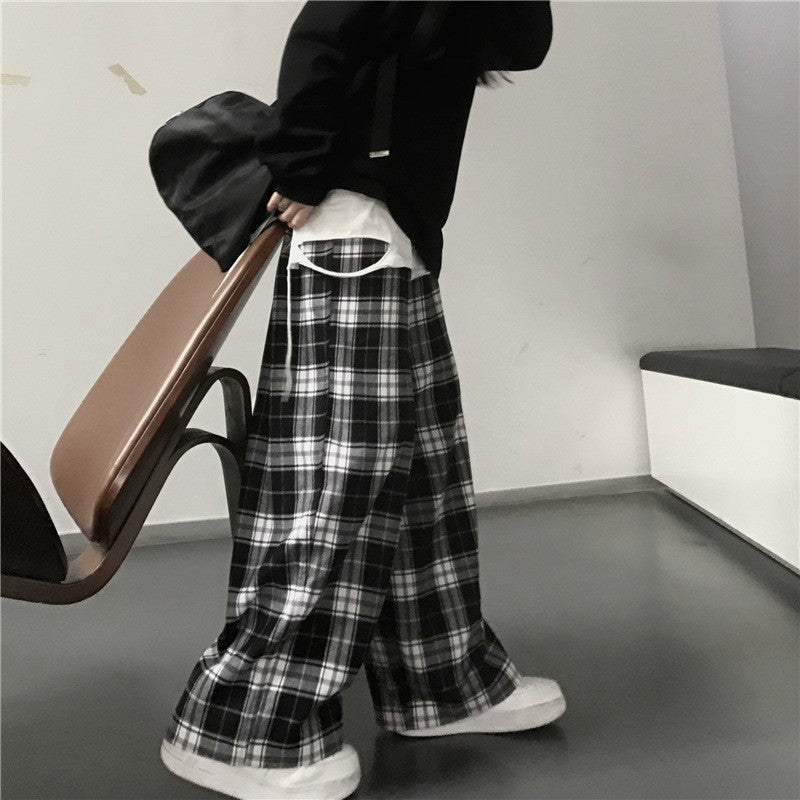 Women Black Plaid Wide Leg Pants Casual Hip Hop Elastic Waist Pockets Baggy Trousers Loose Vintage Y2K Sweatpants Streetwear