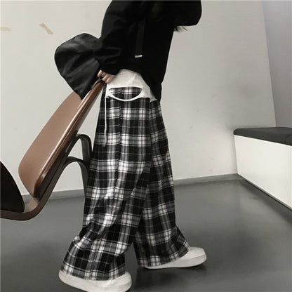 Women Black Plaid Wide Leg Pants Casual Hip Hop Elastic Waist Pockets Baggy Trousers Loose Vintage Y2K Sweatpants Streetwear