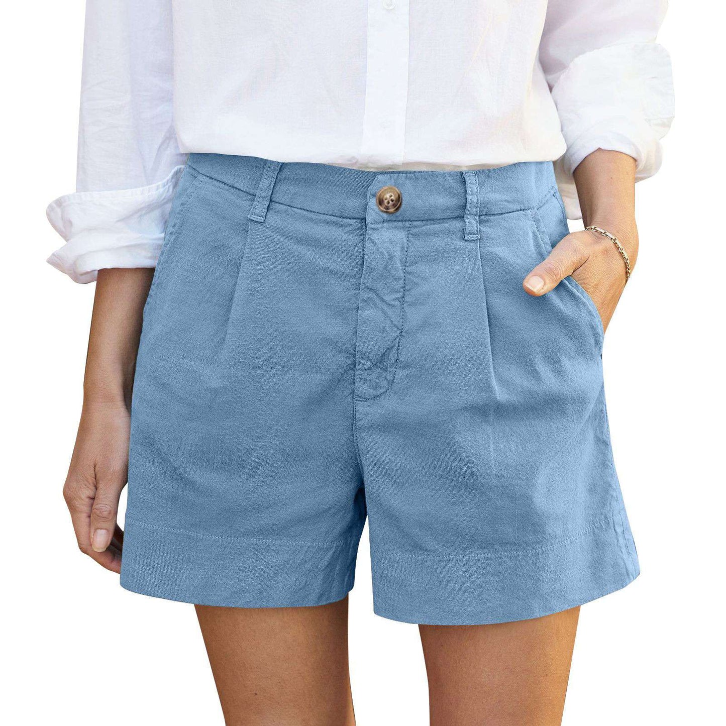 Cotton Linen Solid Shorts For Women Button High Waist Summer Loose Casual Pockets Shorts Female Pants Women Clothing