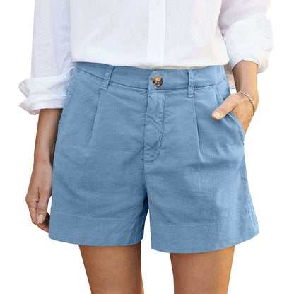 Cotton Linen Solid Shorts For Women Button High Waist Summer Loose Casual Pockets Shorts Female Pants Women Clothing