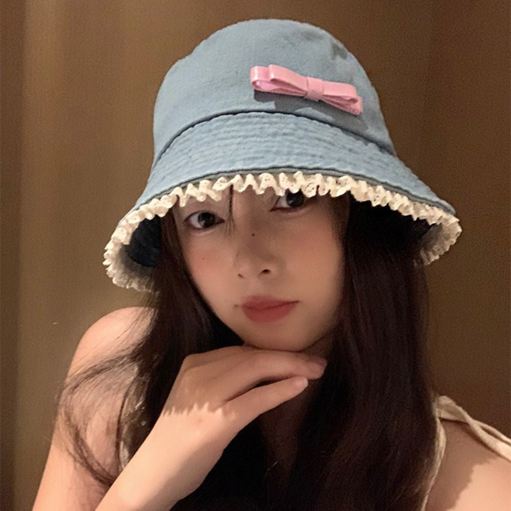 Retro Big Brimmed Denim Bucket Hat Bow Tie Y2K Lace Fisherman Hat Korean Style UV Protection Bow Sunscreen Hat Outdoor