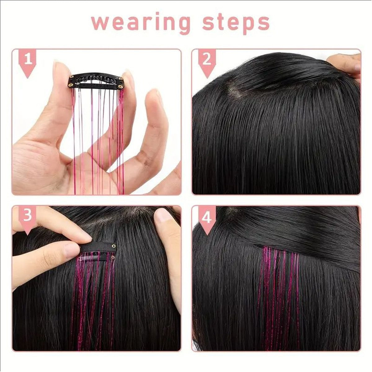 12 unidades/1 pacote 50 cm de extensões de cabelo sintéticas brilhantes, presilhas de cabelo cintilantes para trançar e enfeitar a cabeça de mulheres