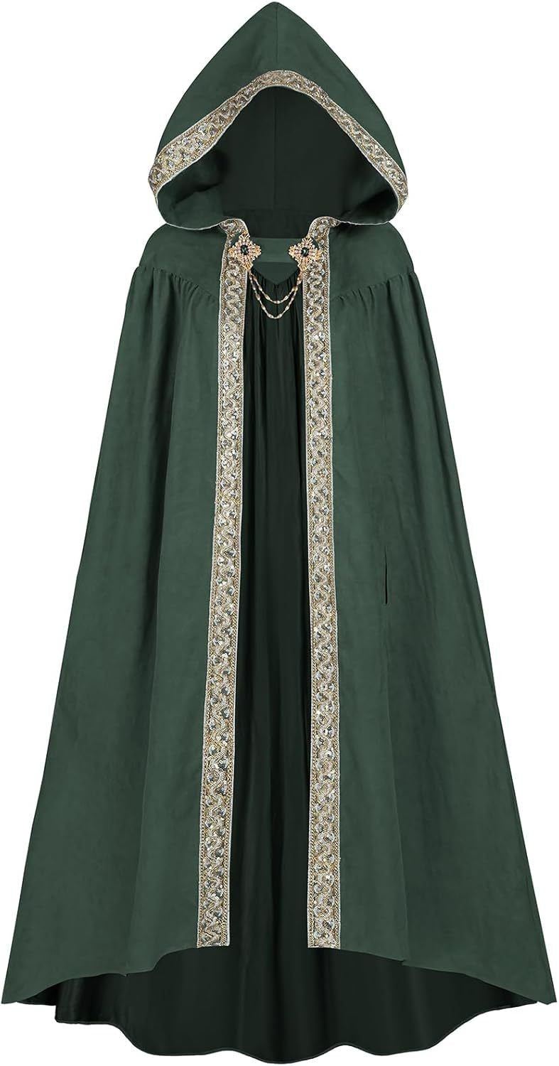 Medieval Lace Trim Hooded Cape 130cm Long Renaissance Wizard Witch Cloak Women Men Halloween Cosplay Costume