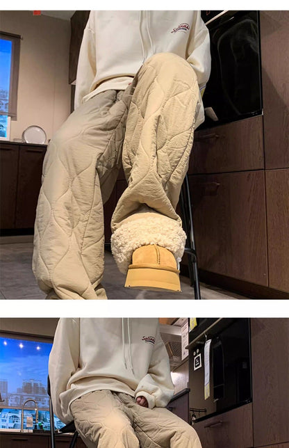 Heavy Winter Cotton Waterproof Splicing Lamb Fleece Cotton Pants for Men and Women, Solid Color Diamond Grid Embroidered Clip Co