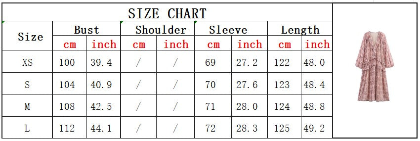 2025 Women Summer MIDI Dress Vintage Print Chiffon V-Neck Cascading Ruffle Long