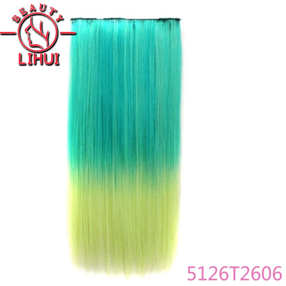 Extensões de cabelo sintéticas com clipe, longas e lisas, com 5 clipes em uma única peça, extensões de cabelo multicoloridas LIHUI