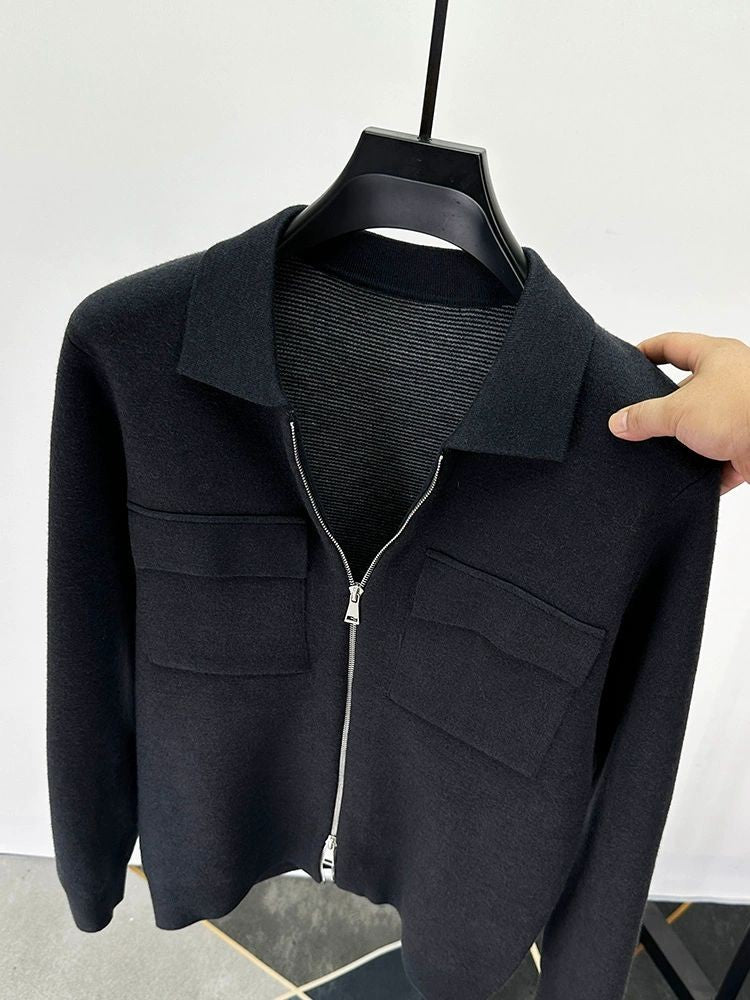Premium Zipper Collar Wool Cardigan Men's Casual Coat Autumn/Winter Luxury Pocket Design Solid Color Casual Warm Sweater Jacket
