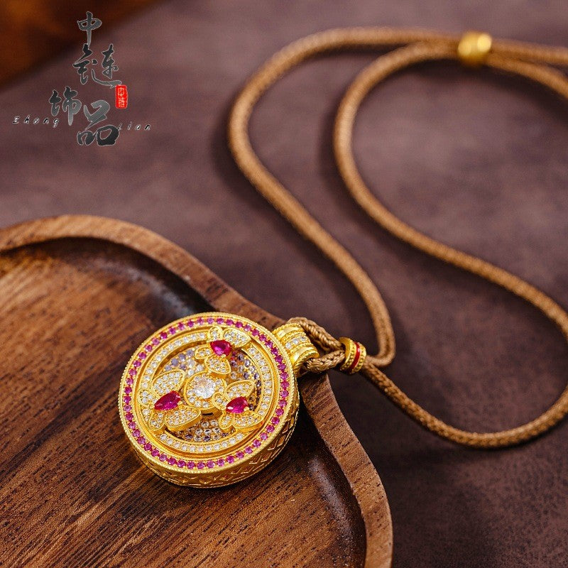 Luxury 9999 24K Solid gold certifid ancient method diamond garden butterfly compass pendant rotating compass pendant for women