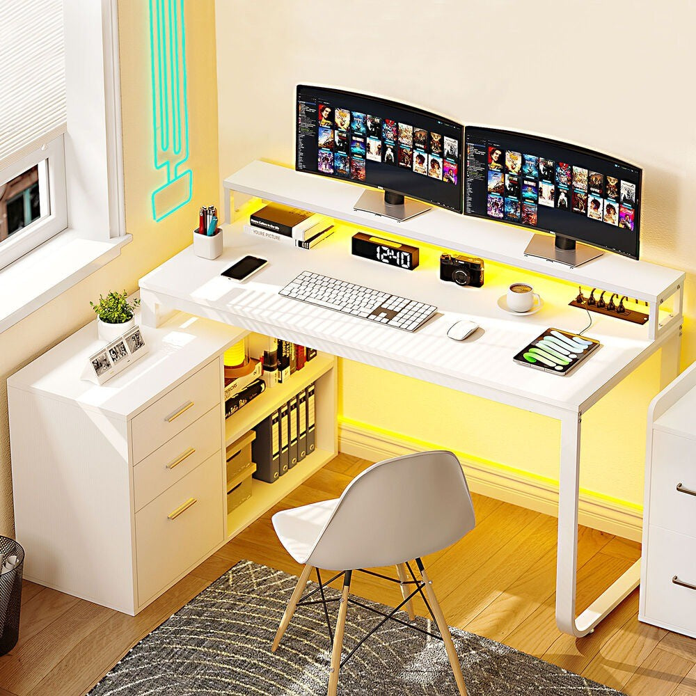 Mesa de computador para jogos em L com gavetas para arquivos para escritório em casa