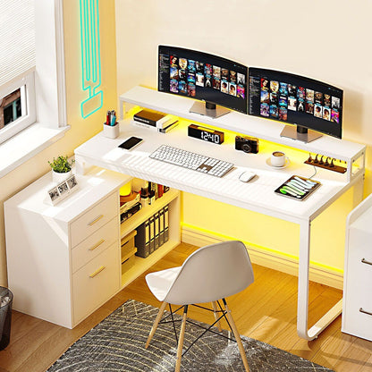 Mesa de computador para jogos em L com gavetas para arquivos para escritório em casa