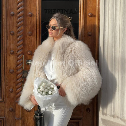Neo Mint Iconic Blogger Fashion Faux Mongolia Sheep Fur Coat Women 2025 Winter Fluffy Warm Fur Jacket Chic Street Girl Outerwear