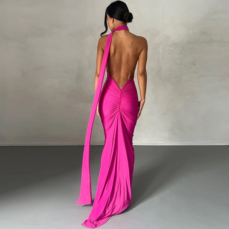 Hugcitar One Shoulder Backless Adjustable Scarf Loop Ruched Sexy Maxi Dress Wome