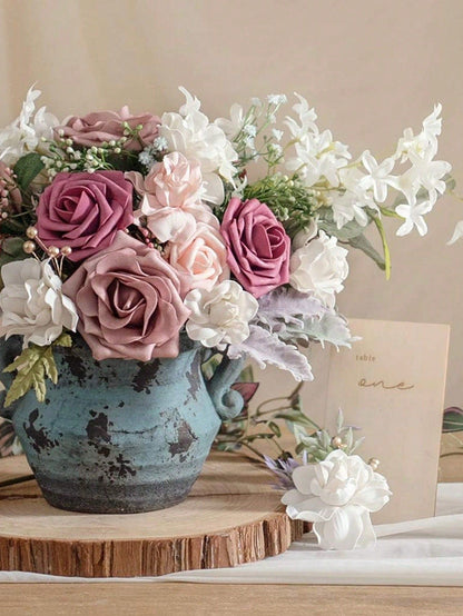 25pcs Artificial Roses, Green Gradient Artificial Rose Set - DIY Wedding Bouquet, Suitable For Wedding, Cake, Party Decoration