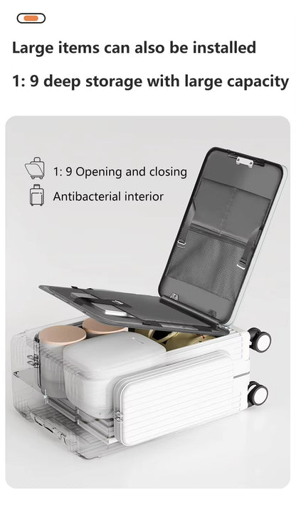Tri-Zone Access Opening Suitcase Aluminum Frame PC Material Travel Case with Spinner Wheels Cup Holder TSA Lock Rolling Luggage