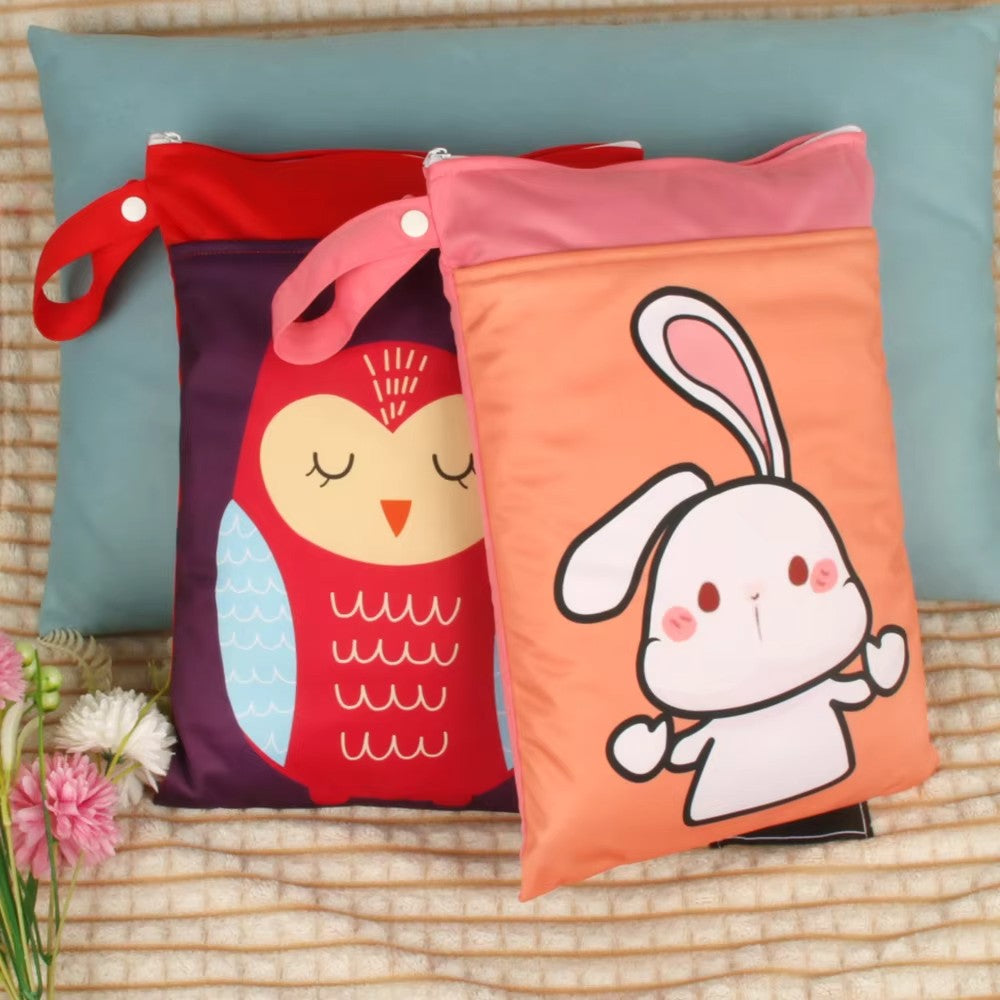 Washable PUL Waterproof Wet Dry Bag - Cute Print, 2 Pockets for Cloth Diapers, Travel, Beach, Pool & Gym| Toiletry Bag