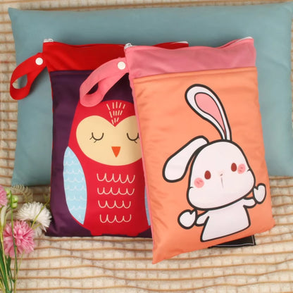 Washable PUL Waterproof Wet Dry Bag - Cute Print, 2 Pockets for Cloth Diapers, Travel, Beach, Pool & Gym| Toiletry Bag