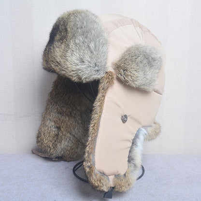 New Russia Winter Real fur Hat Men Outdoor Windproof Super Warm Real Rabbit Fur Bomber Hats Natural Soft Natural Rabbit Fur Caps