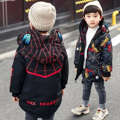 Anime Marvel Homem-Aranha fofo criativo desenho animado padrão inverno novo jaqueta acolchoada de algodão com capuz de comprimento médio reversível quente e espessa
