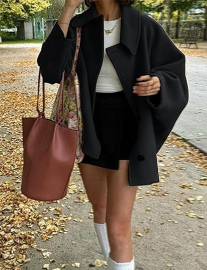 Women's Oblique Button Loose Batwing Sleeve Jacket Coat Lapel Double Pocket Warm Solid Vintage Outerwear Fall Winter Coat