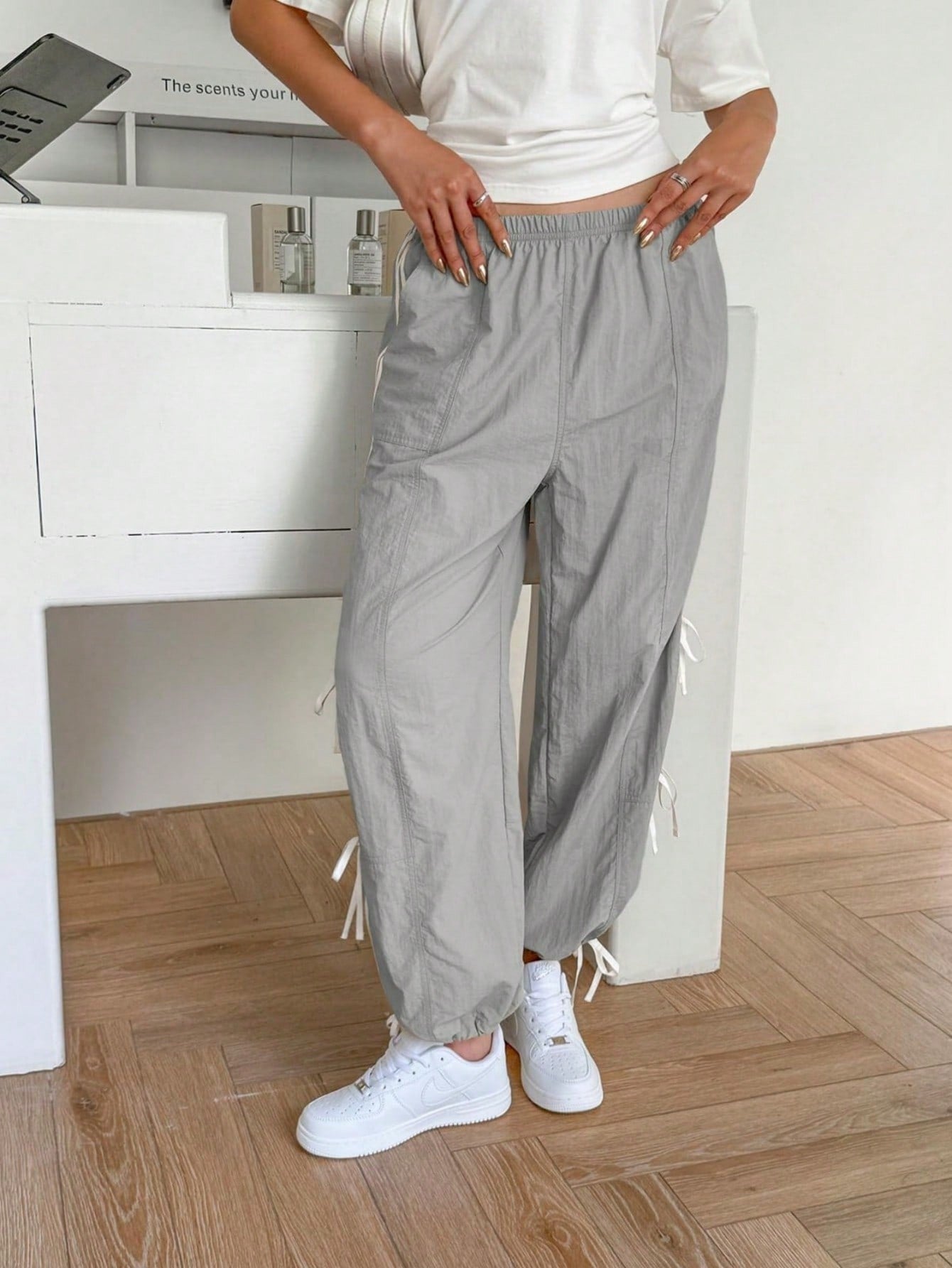 Fisoew Womens Wide Leg Track Pants Casual Elastic Waist Bow Tie Y2K Baggy Sweatpants with Pockets