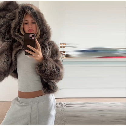 Warm Women's Hooded Faux Fur Cropped Coats Loose V-neck Full Sleeve Thicken Jacket Female 2025 Autumn Winter Lady Luxury Outwear