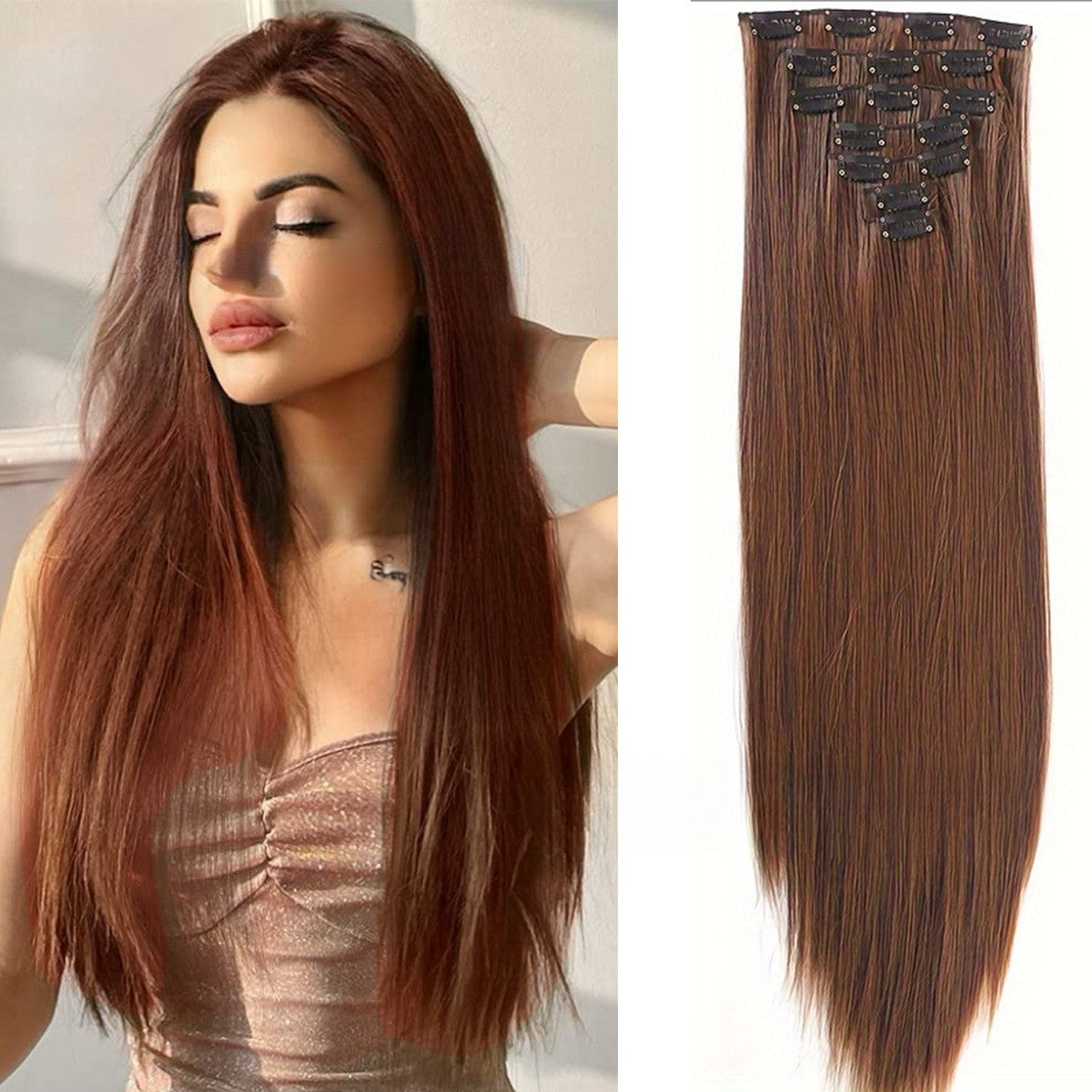 Extensões de Cabelo com 7 Presilhas, Longo, Liso, Rosa, 60CM, Cabelo Sintético Natural, Uso Diário, Aplique para Mulheres
