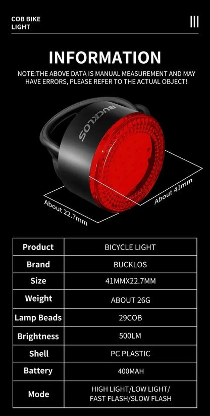BUCKLOS Bicycle Rear Light Front Light 1100mAh LED COB Waterproof Bike Lamp USB Rechargeable Mtb Road Bike Taillights Bike Parts