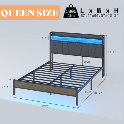 Estrutura de Cama Queen Size com Luzes RGB e Estação de Carregamento, Estrutura de Cama de LED com Cabeceira de Armazenamento Estofada em Linho, Serviço Pesado D